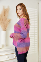 Multicolored Rib-Knit V-Neck Pullover Sweater with Relaxed Fit